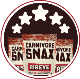 Packaged Carnivore Snax Ribeye with decorative stars above.